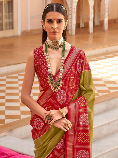 Lovely Red And Green Silk Patola Wedding Wear Saree With Blouse